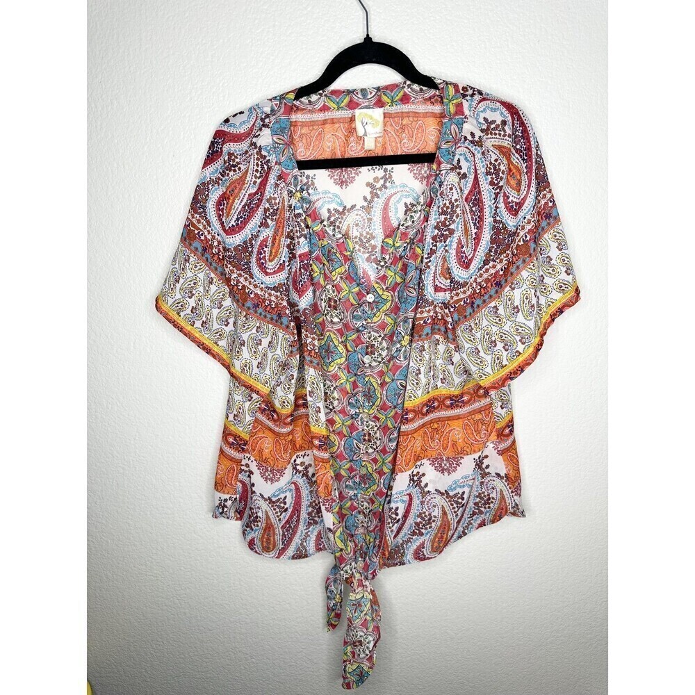 Fig and Flower Blouse Womens 2X Multicolor Paisley Kimono Tie Front Bohemian Top